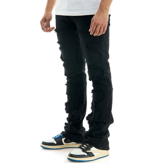 KDNK Symmetrical Patched Skinny Flare  Jeans (Jet Black)(4617)