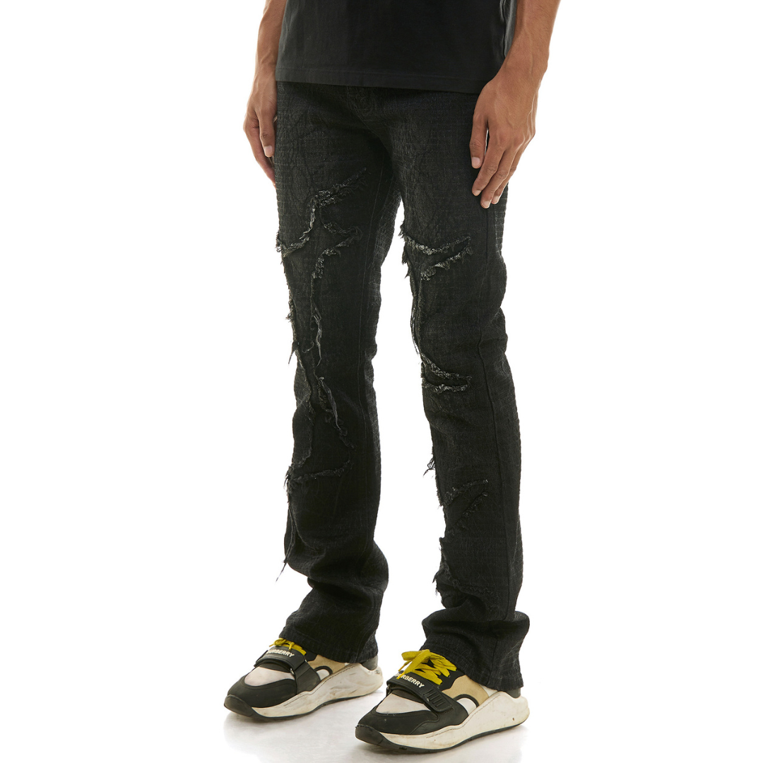 KDNK Spider Web Skinny Flare Jeans (Black)(4743)