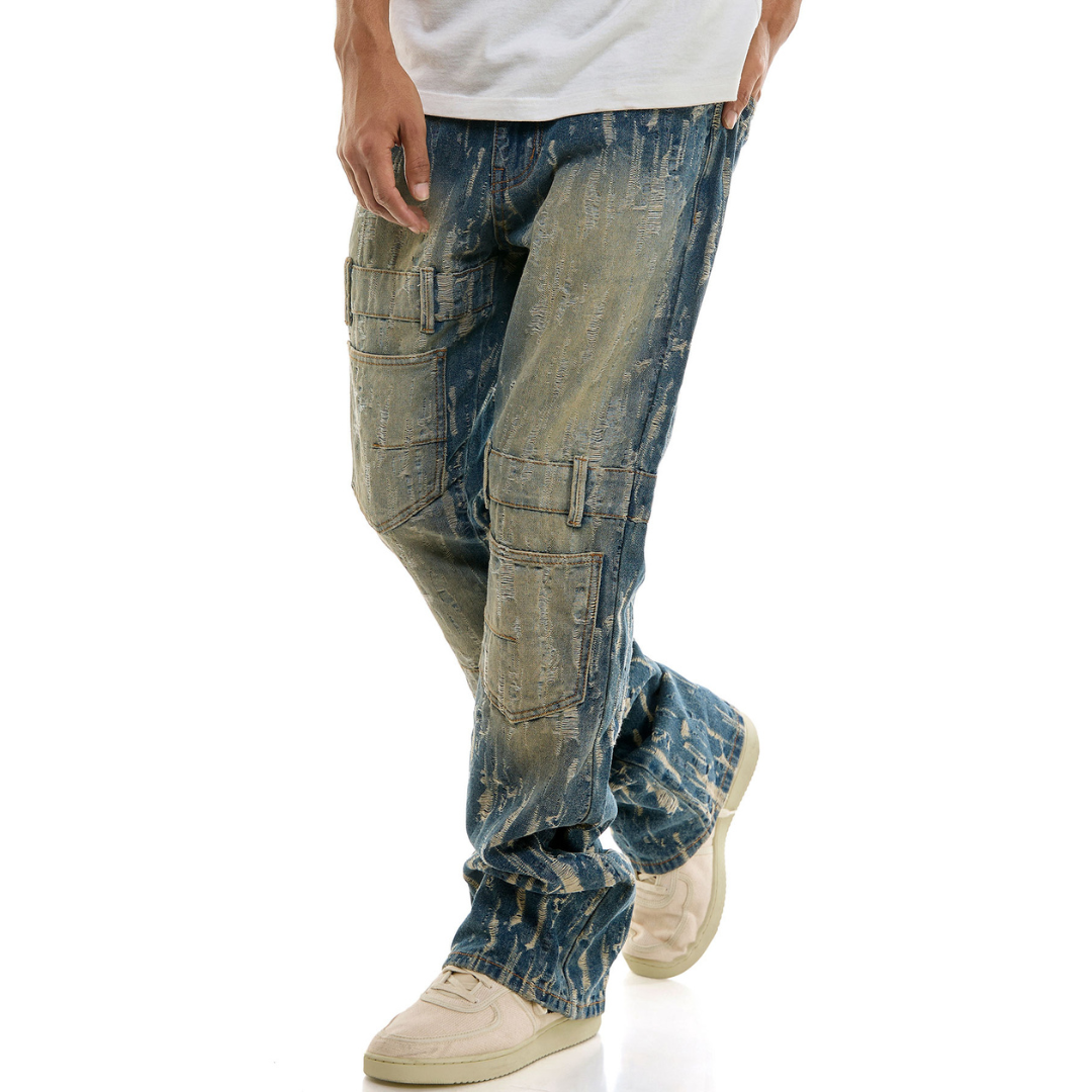 KDNK Distressed Fabric Slim Flare Jeans (Blue)(4793)