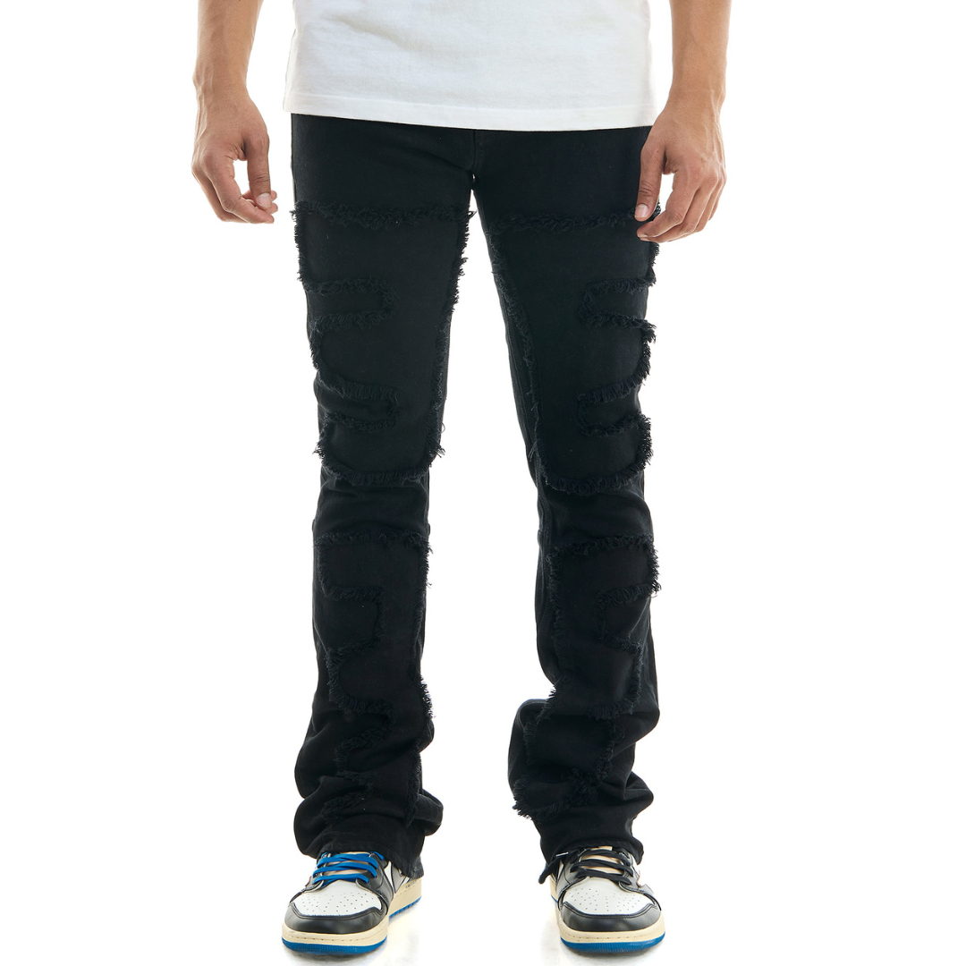 KDNK Symmetrical Patched Skinny Flare  Jeans (Jet Black)(4617)